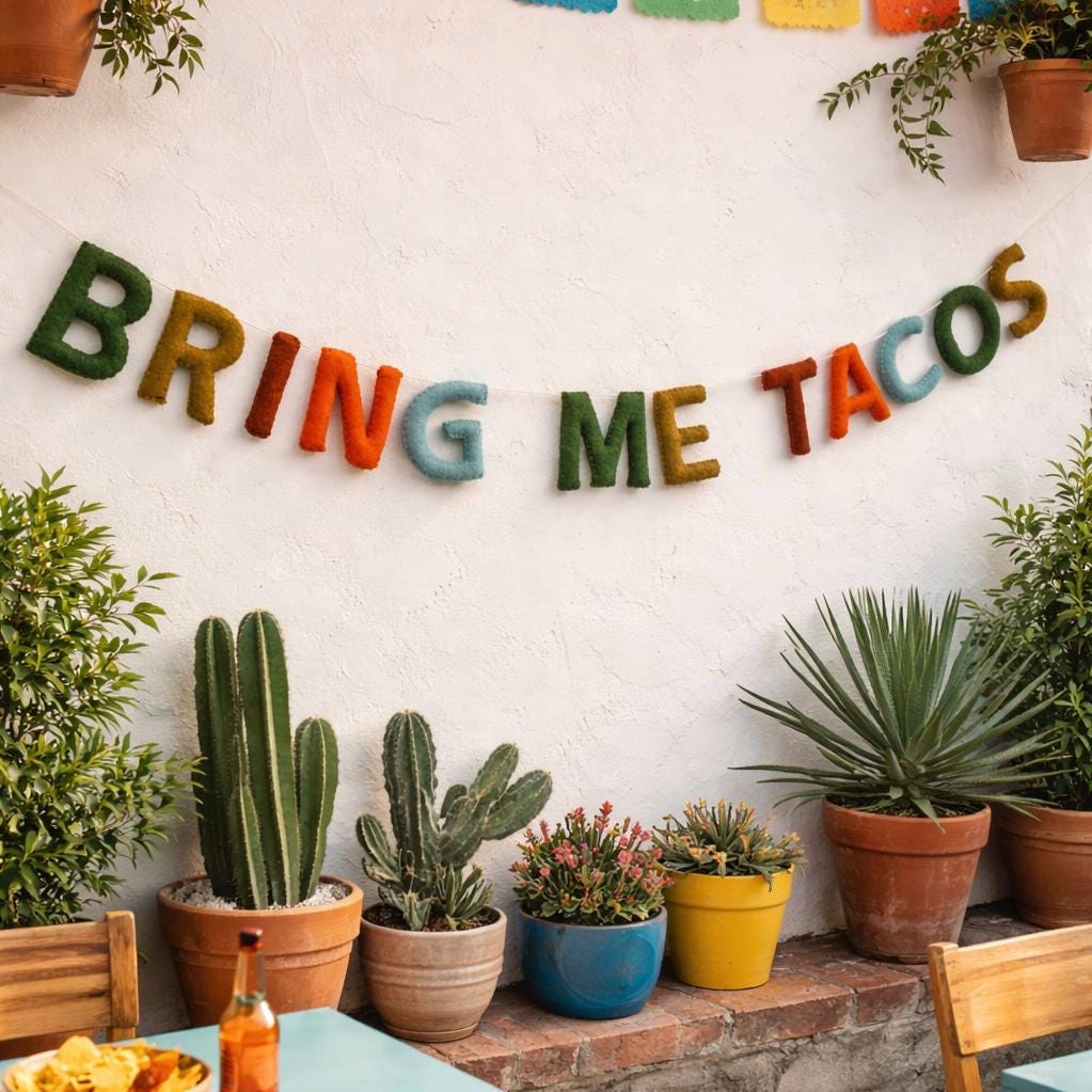 Bring Me Tacos Garland, Fiesta Party Banner, Handmade Felt Garland, Taco Party Decor, Cinco de Mayo Decorations, Mexican Theme Party Sign