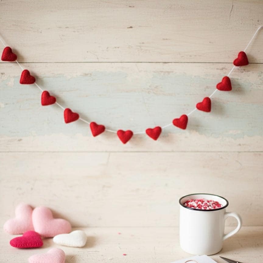 Handmade Wool Felt Hearts Garland Valentine’s Day Decor Wedding and Anniversary Decoration Bridal Shower & Engagement Decor