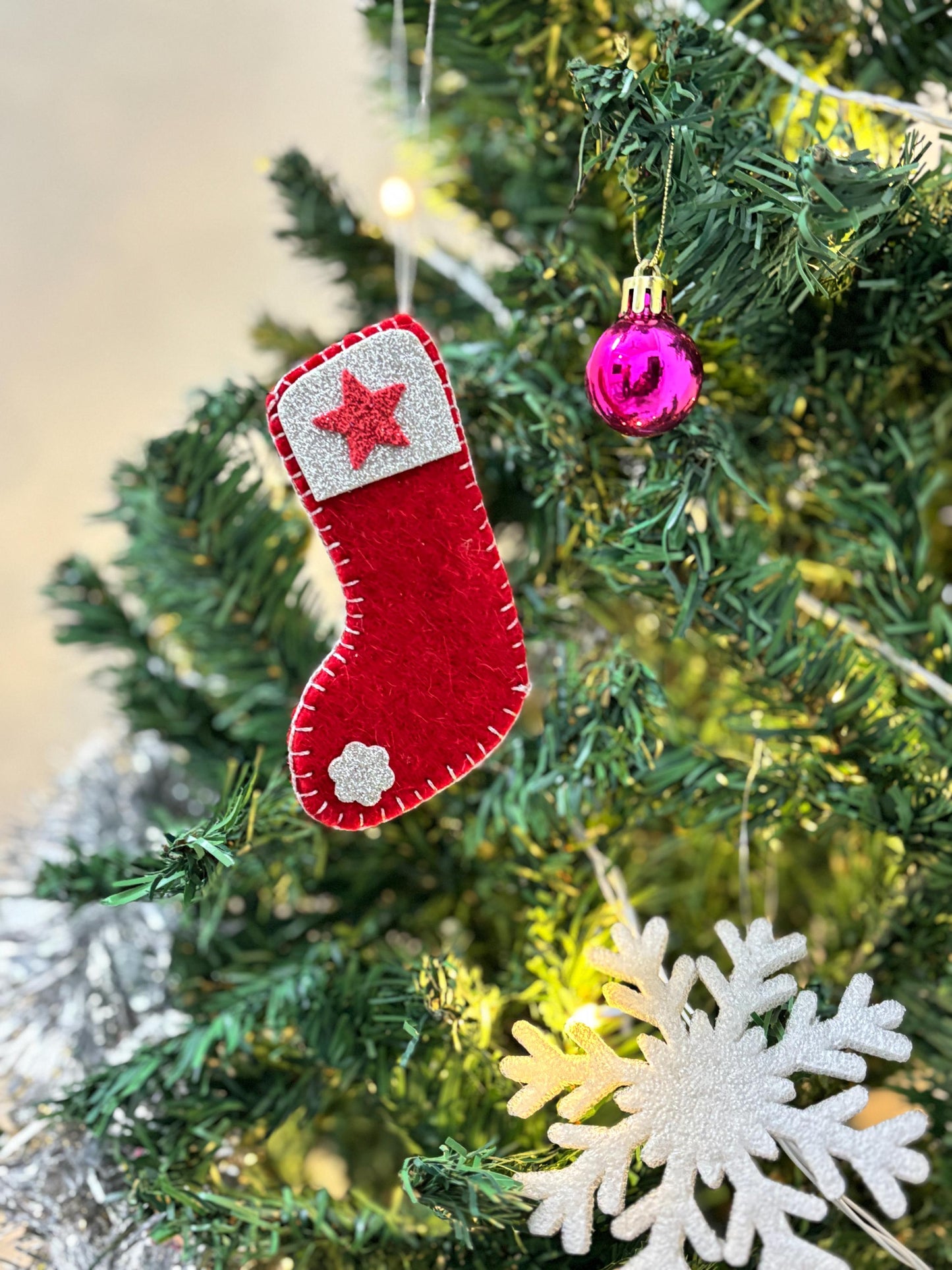 Handmade Felt Christmas Stocking Ornament: Red Holiday Decor