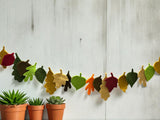 Felt leaf garland hanging on a wooden wall with potted plants below.