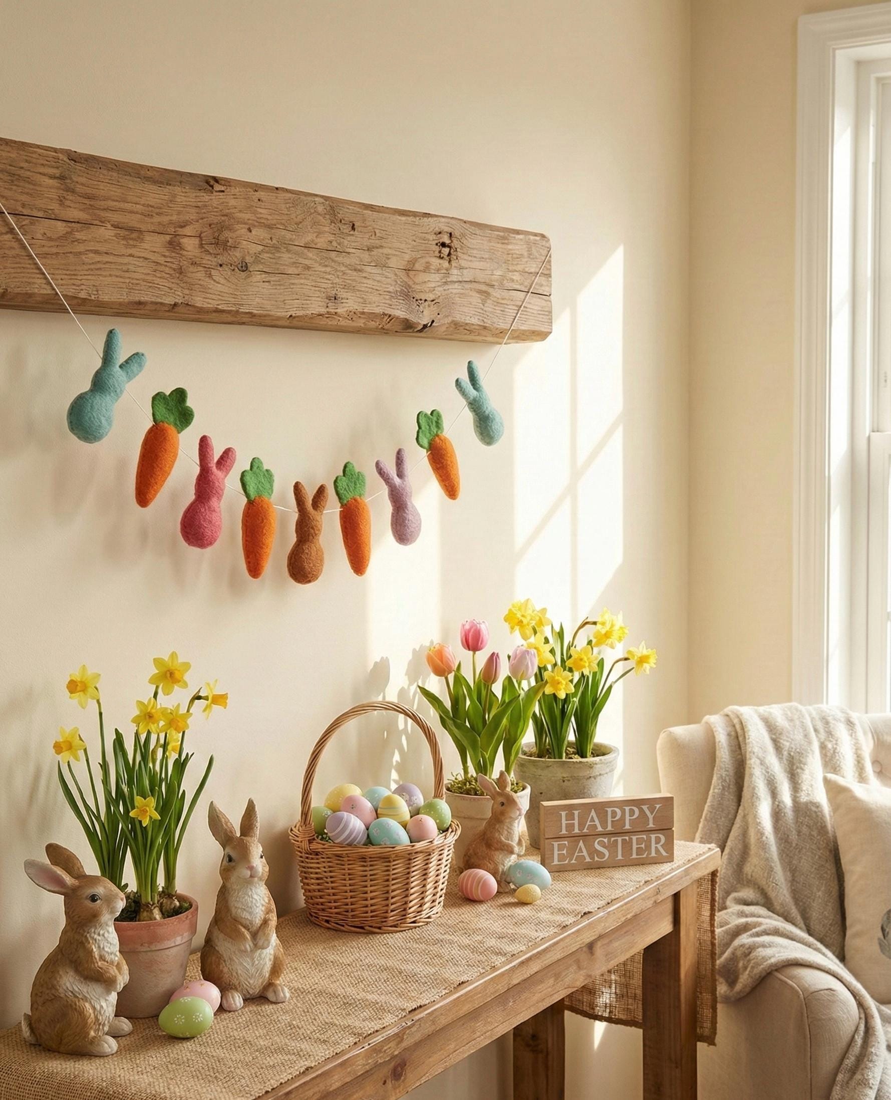 Easter decorations including bunnies, carrots, and Easter eggs on a wooden table with a 'Happy Easter' sign.
