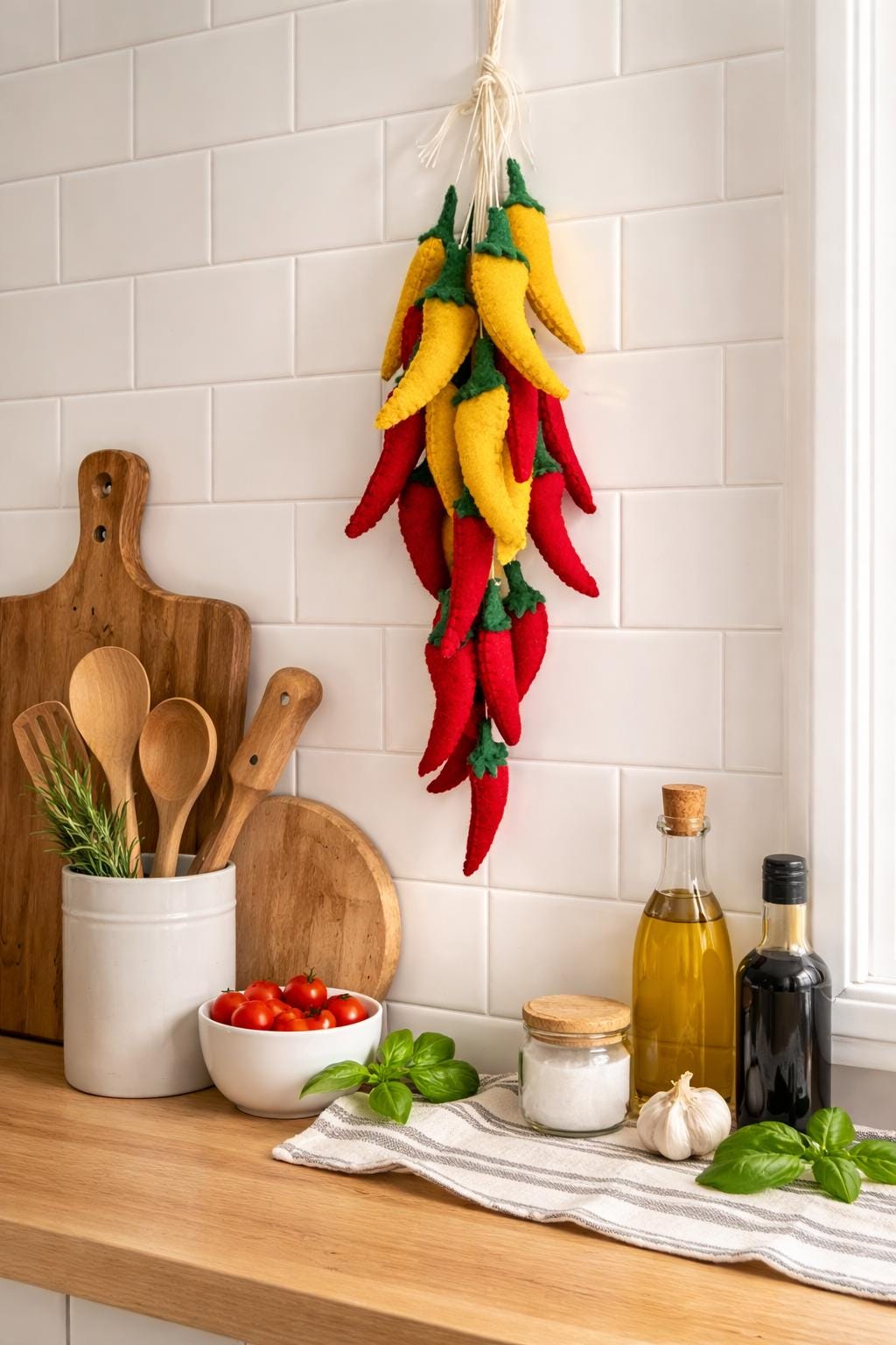 Felt Chili Pepper Garland, Handmade Kitchen Decor, Red & Yellow Pepper Hanging, Farmhouse Kitchen Wall Decor, Italian Rustic Food Decor Gift
