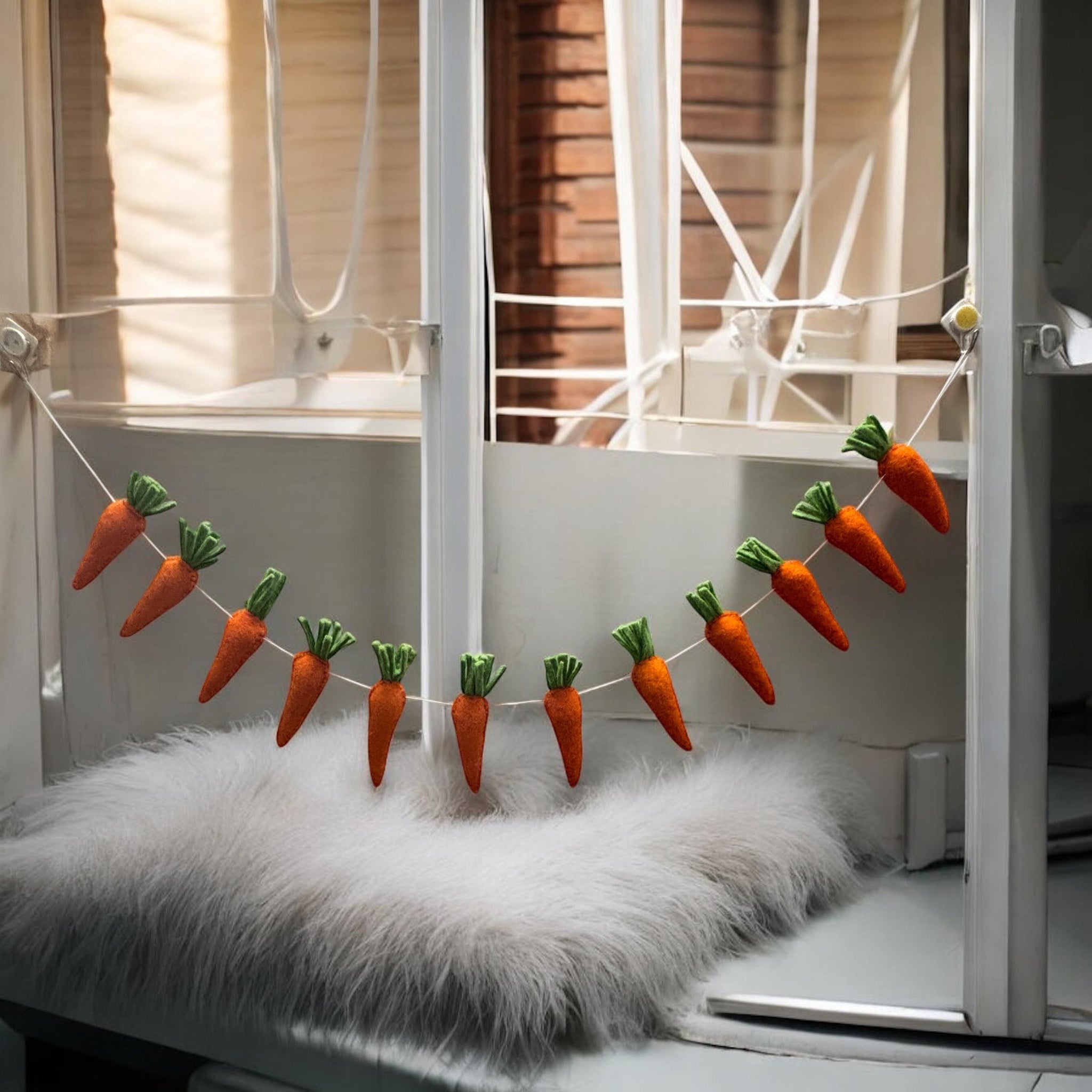 Carrot-shaped decorations on a string against a window with wooden blinds.