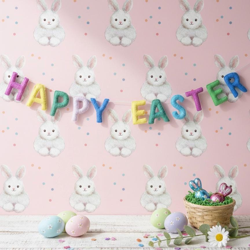 Happy Easter Garland – Handmade Spring Easter Banner – Easter Door Decor, Mantle & Wall Hanging, Easter Gifts
