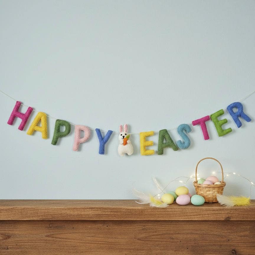 Wool Felt Happy Easter Garland – Handmade Spring Bunny Banner – Easter Door Decor, Mantle & Wall Hanging, Easter Gift