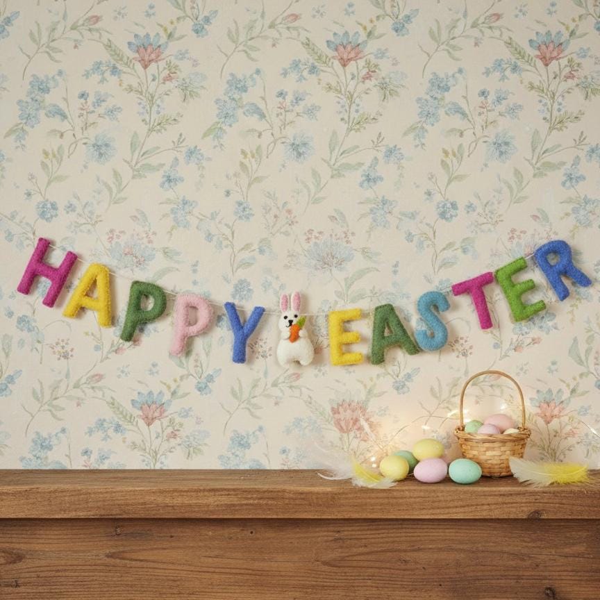 Wool Felt Happy Easter Garland – Handmade Spring Bunny Banner – Easter Door Decor, Mantle & Wall Hanging, Easter Gift