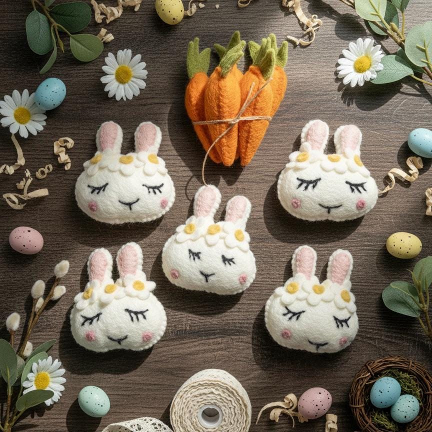 Handmade Wool Felt Easter Bunny Faces, Spring Decor, Set of 5