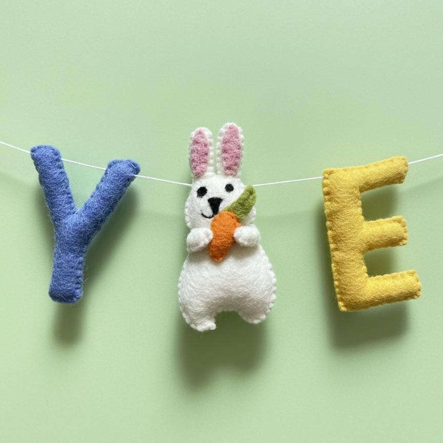 Wool Felt Happy Easter Garland – Handmade Spring Bunny Banner – Easter Door Decor, Mantle & Wall Hanging, Easter Gift