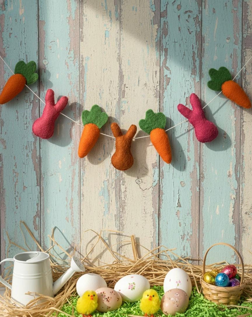 Decorative Easter garland with bunnies, carrots, and eggs on a rustic wooden background.