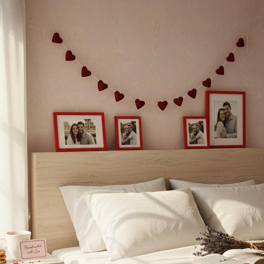 Handmade Wool Felt Hearts Garland Valentine’s Day Decor Wedding and Anniversary Decoration Bridal Shower & Engagement Decor