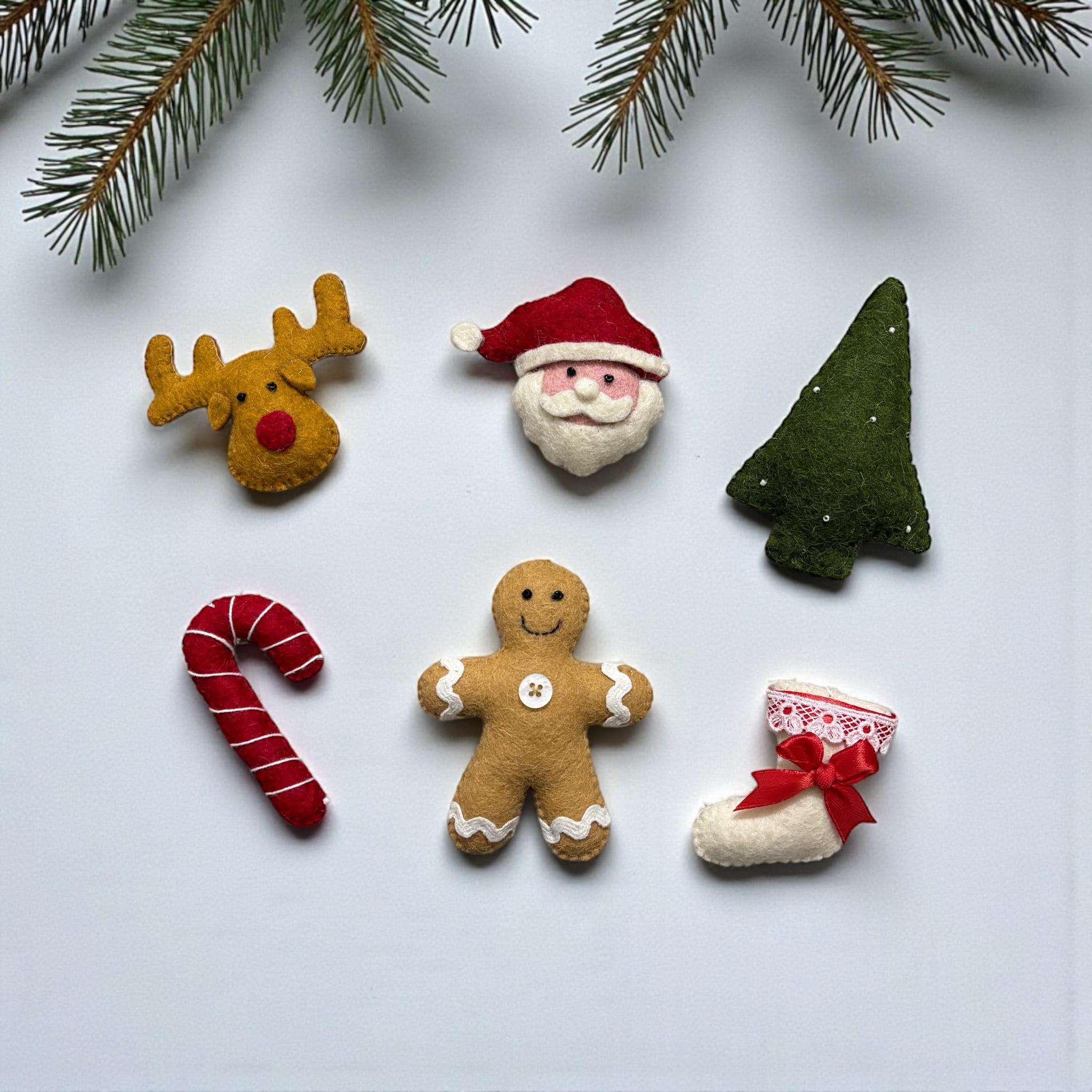 Felt Christmas Ornaments Set – Santa, Gingerbread, Stocking, Reindeer & Candy Cane – Holiday Decor or Bowl Fillers, Best Christmas Gift