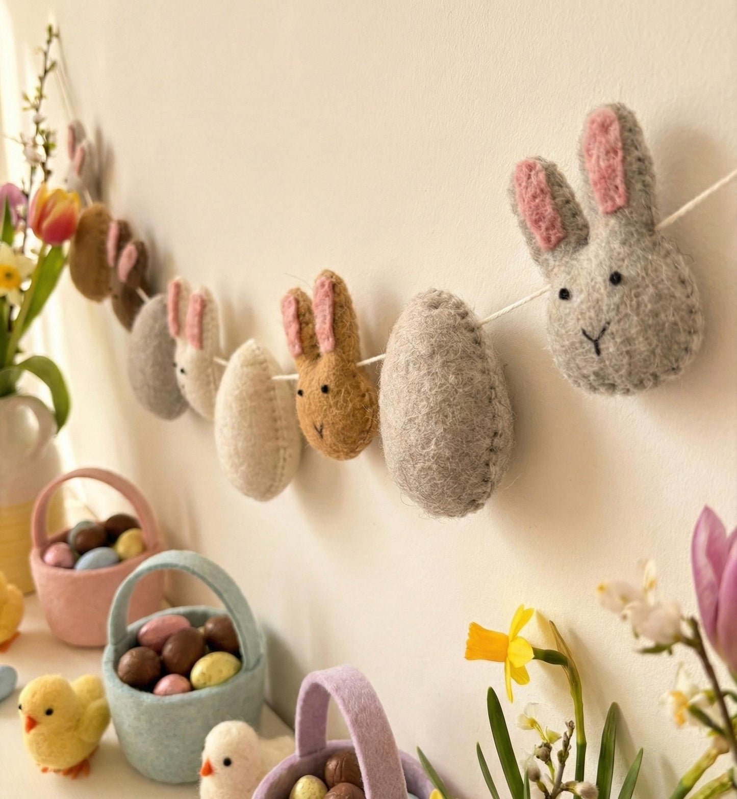 Wool Felt Easter Bunny Garland – Spring Bunny Banner for Easter Decor, Nursery Wall Hanging
