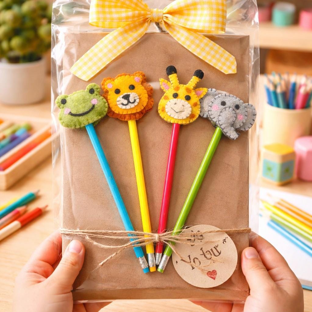 Safari Animal Pencil Toppers Set of 4, Handmade Wool Felt Jungle Pencil Toppers, Kids Party Favours, Return Gifts, School Favors