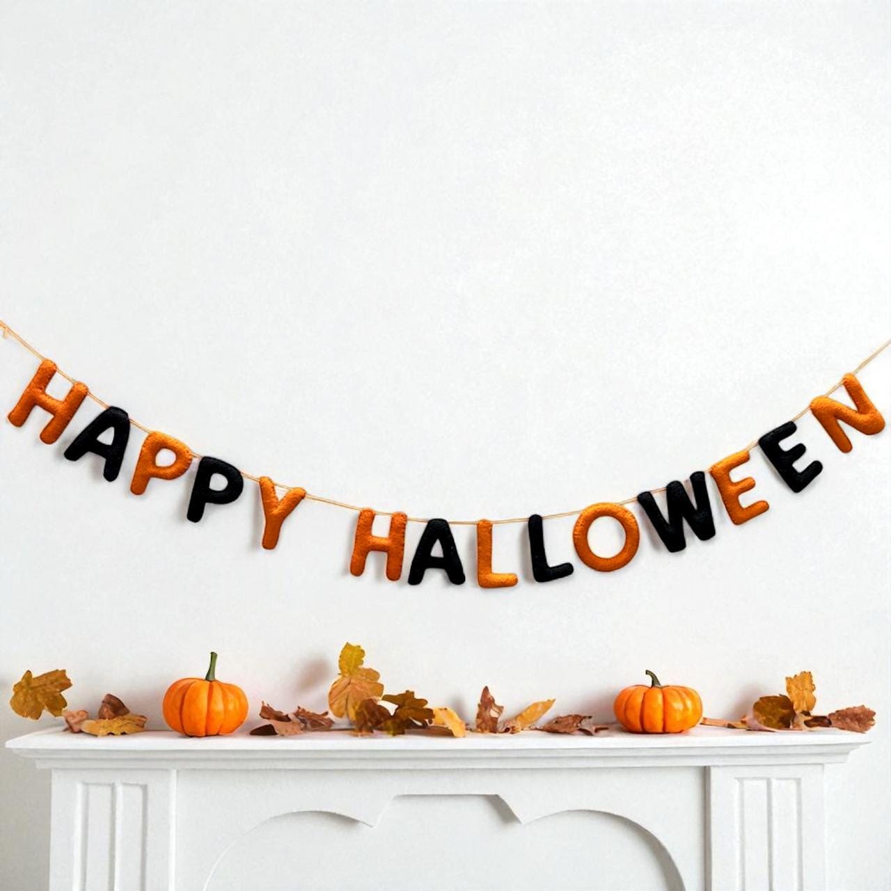 Halloween Garland, Trick or Treat Banner, Spooky Mantel Decor, Pumpkin Ghost Felt Garland