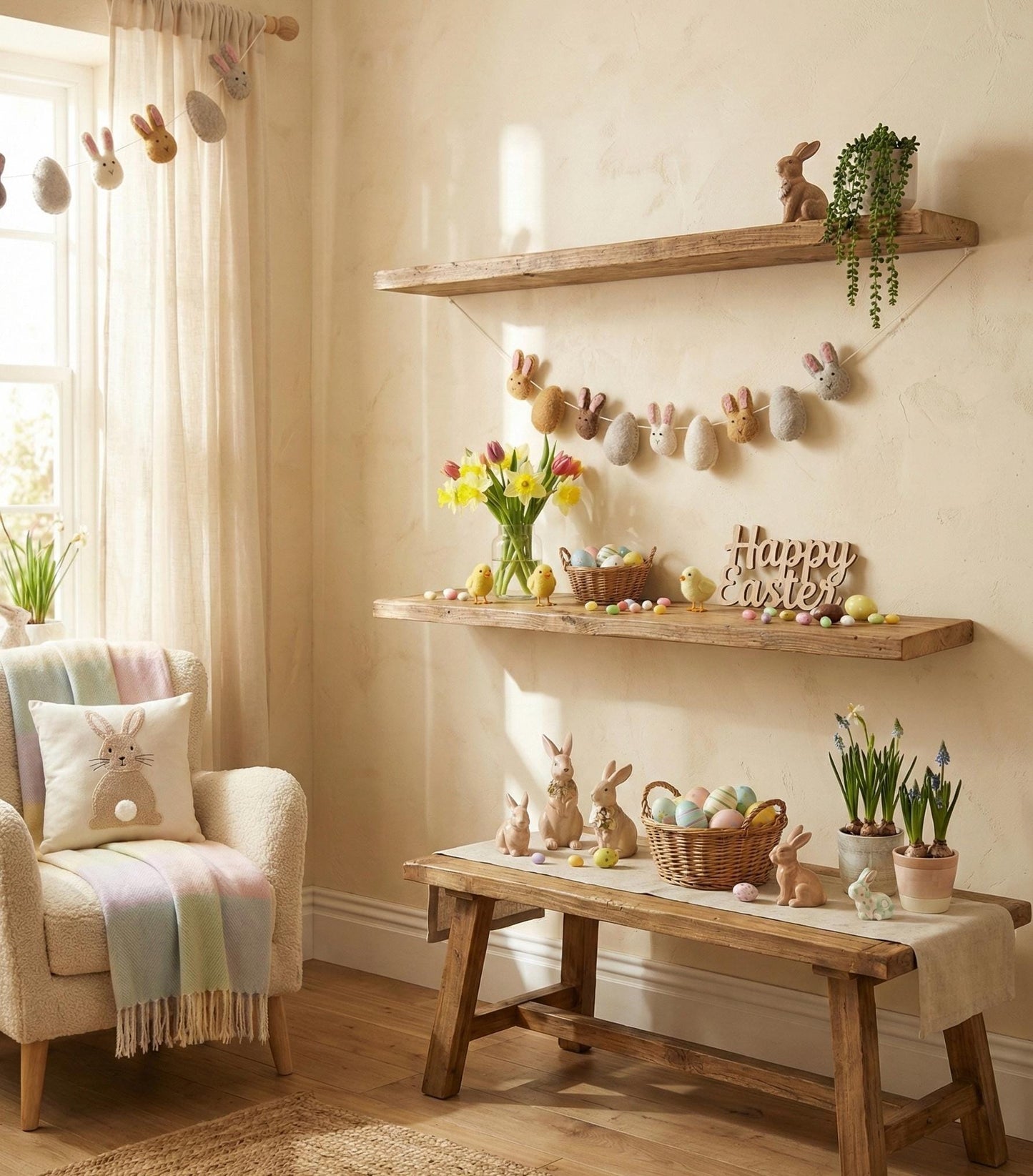 Wool Felt Easter Bunny Garland – Spring Bunny Banner for Easter Decor, Nursery Wall Hanging