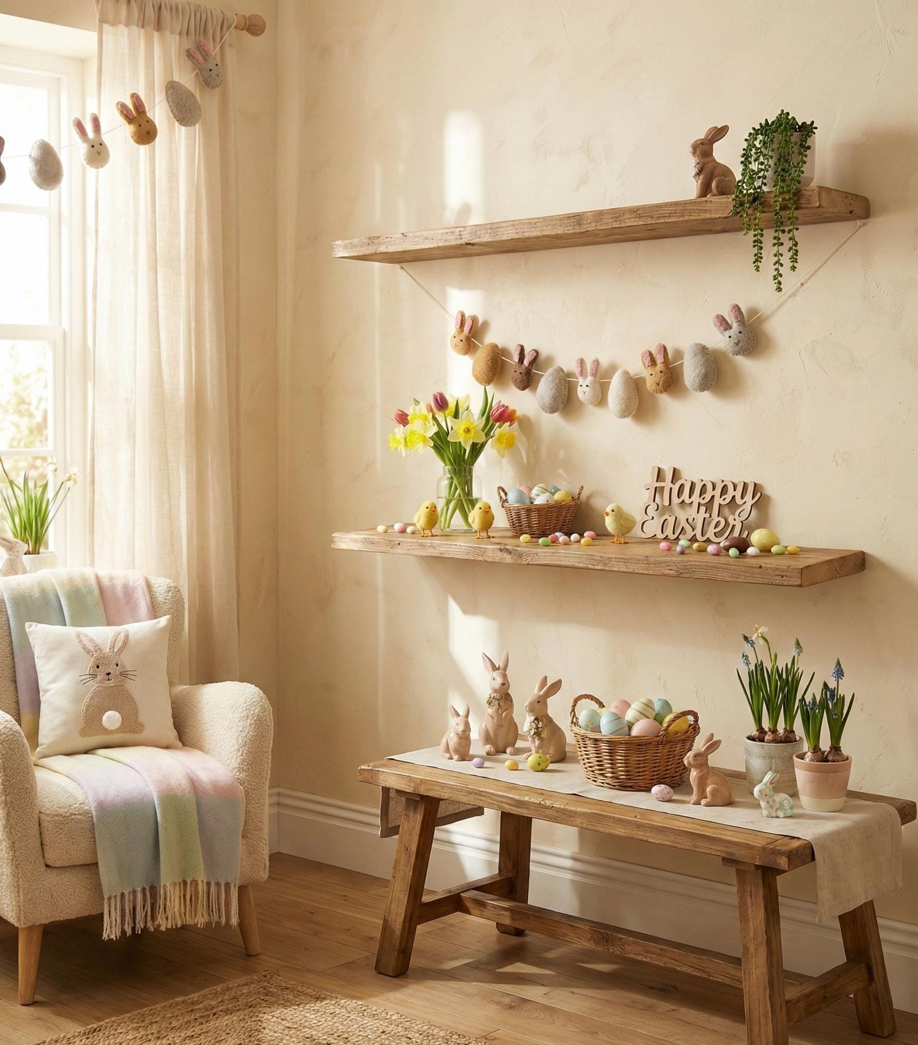 Wool Felt Easter Bunny Garland – Spring Bunny Banner for Easter Decor, Nursery Wall Hanging