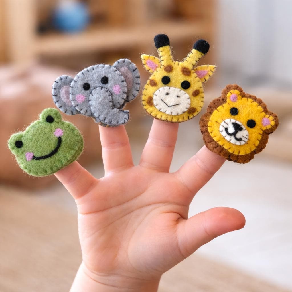 Wool Felt Safari Animal Finger Puppets Set of 4, Kids Birthday Party Favours, Jungle Animal Pretend Play Toy, Montessori Gift for Toddlers