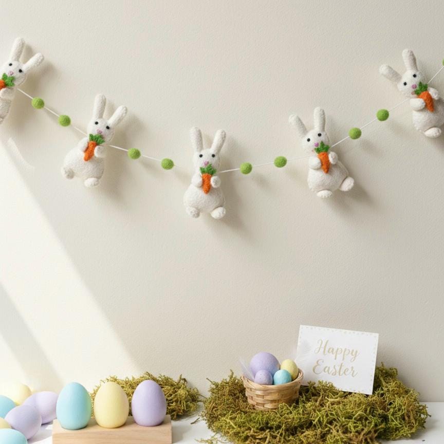 Wool Felt Easter Rabbit With Carrots Garland – Easter Decoration, Easter Bunting, Spring Wall Hanging, Easter Gift