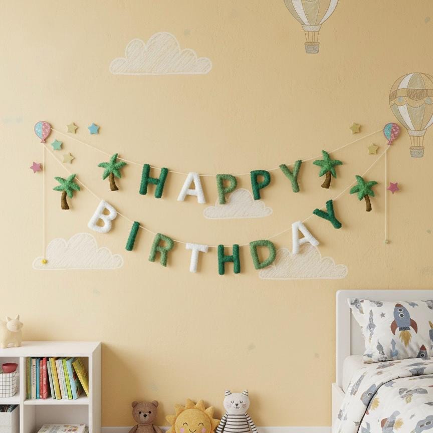 Happy Birthday Banner Garland, Handmade Felt Birthday Decor, First Birthday Banner, Kids Party Decoration, Nursery Wall Decor