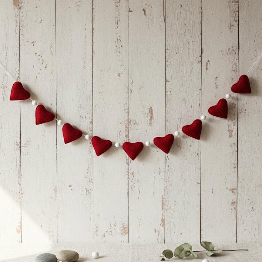 Wool Felt Handmade Heart Garland | Valentine’s Day Decor | Wedding & Anniversary Decoration | Romantic Bedroom Wall Decor | Couple Gift