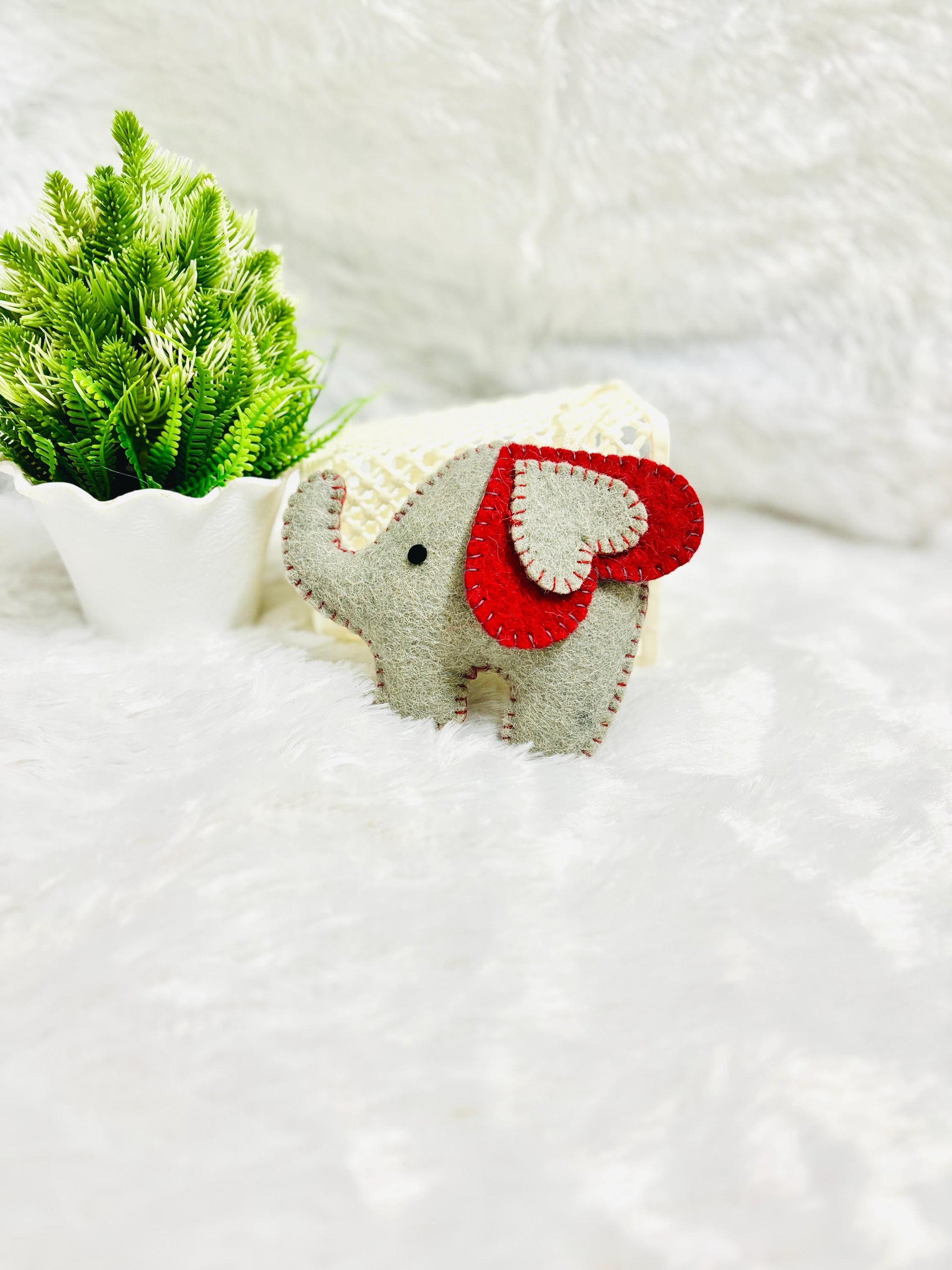 Handmade Wool Felt Elephant Christmas Ornament: Grey & Red Decor