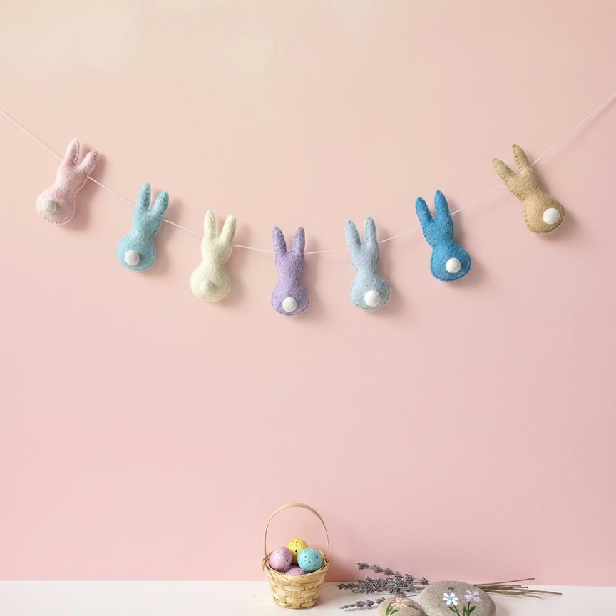 Handmade Wool Felt Bunny Rabbit Garland – Easter Spring Decor for Door, Wall & Mantle – Pastel Easter Bunny Banner – Nursery Easter Gift