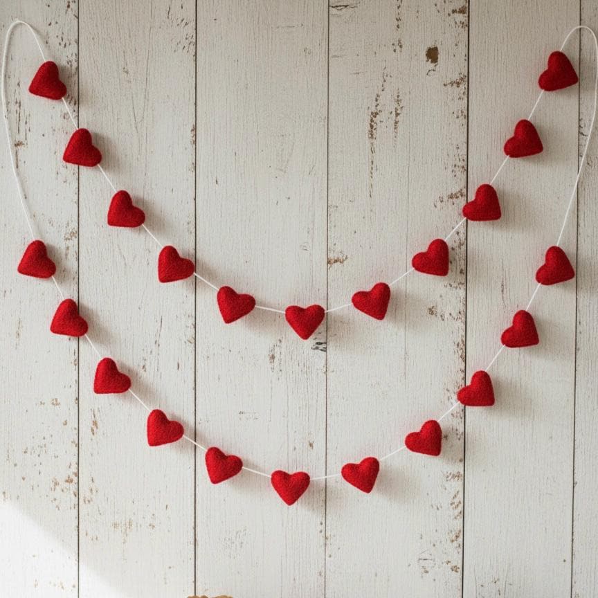 Handmade Wool Felt Hearts Garland Valentine’s Day Decor Wedding and Anniversary Decoration Bridal Shower & Engagement Decor