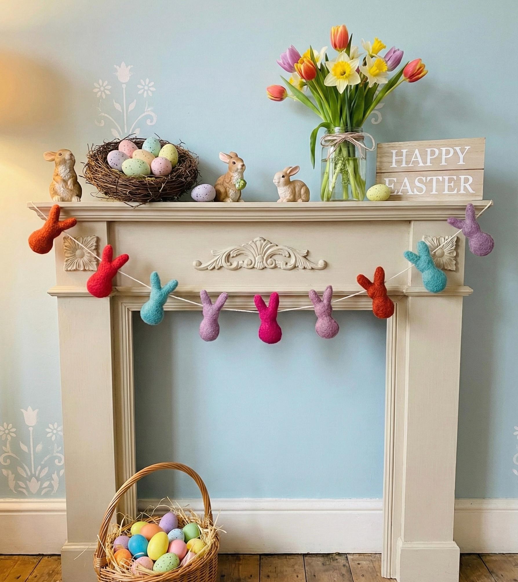 Decorative Easter mantel with colorful eggs, tulips, and bunny decorations on a fireplace.