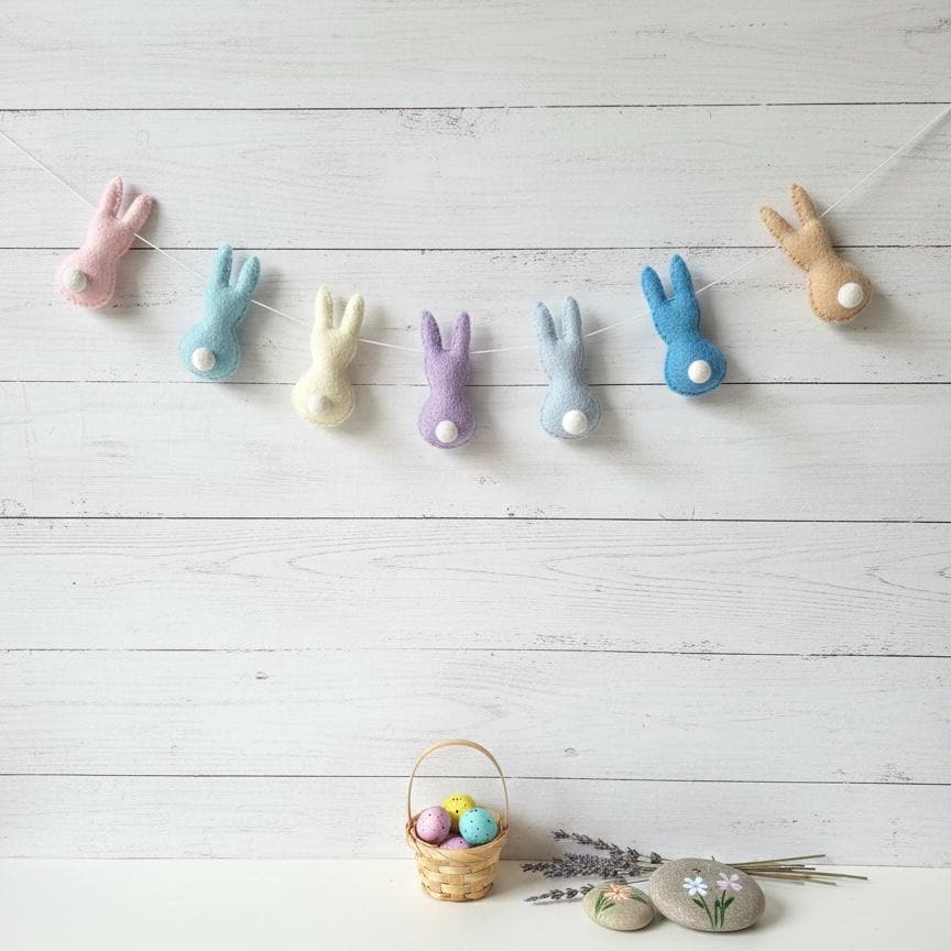 Handmade Wool Felt Bunny Rabbit Garland – Easter Spring Decor for Door, Wall & Mantle – Pastel Easter Bunny Banner – Nursery Easter Gift
