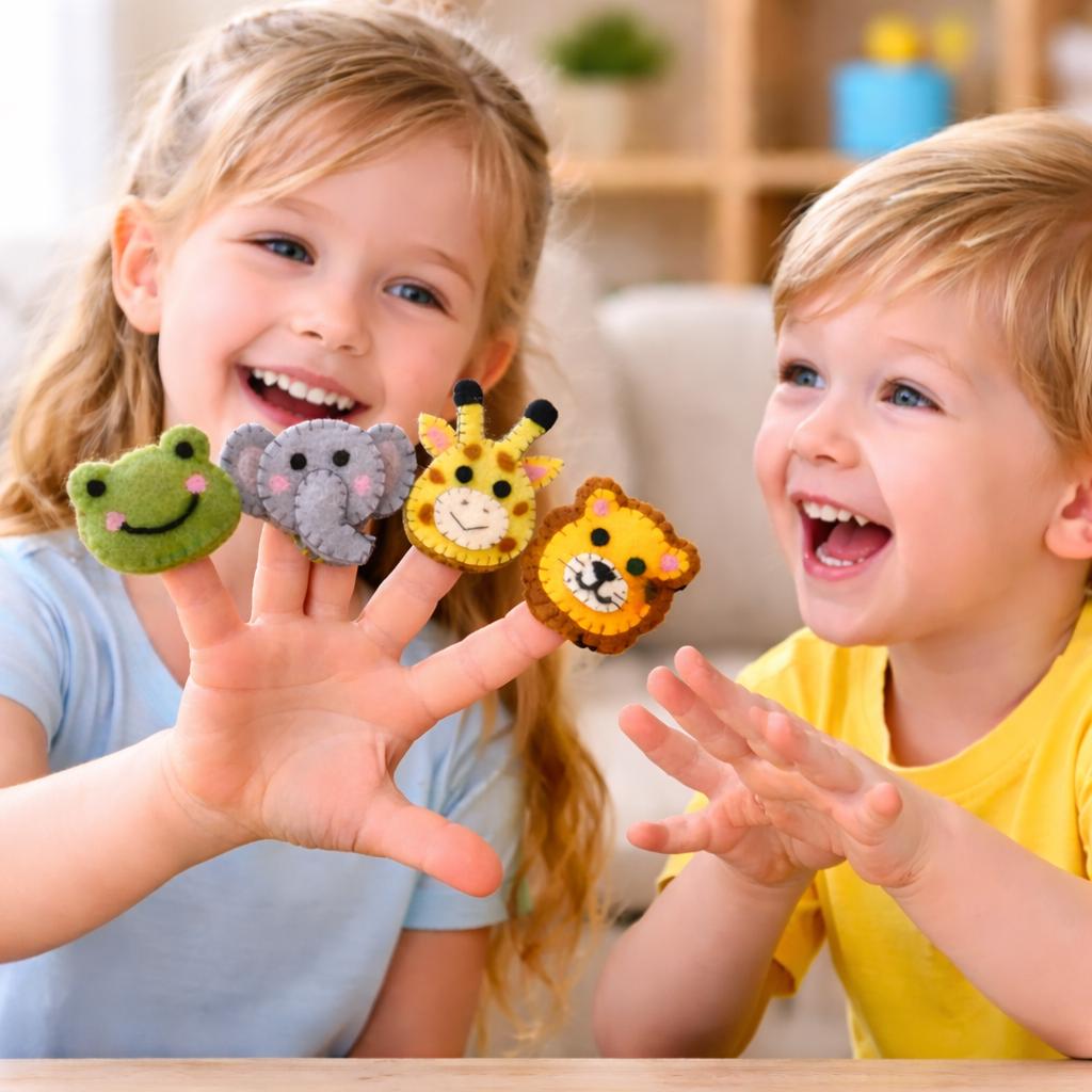 Wool Felt Safari Animal Finger Puppets Set of 4, Kids Birthday Party Favours, Jungle Animal Pretend Play Toy, Montessori Gift for Toddlers