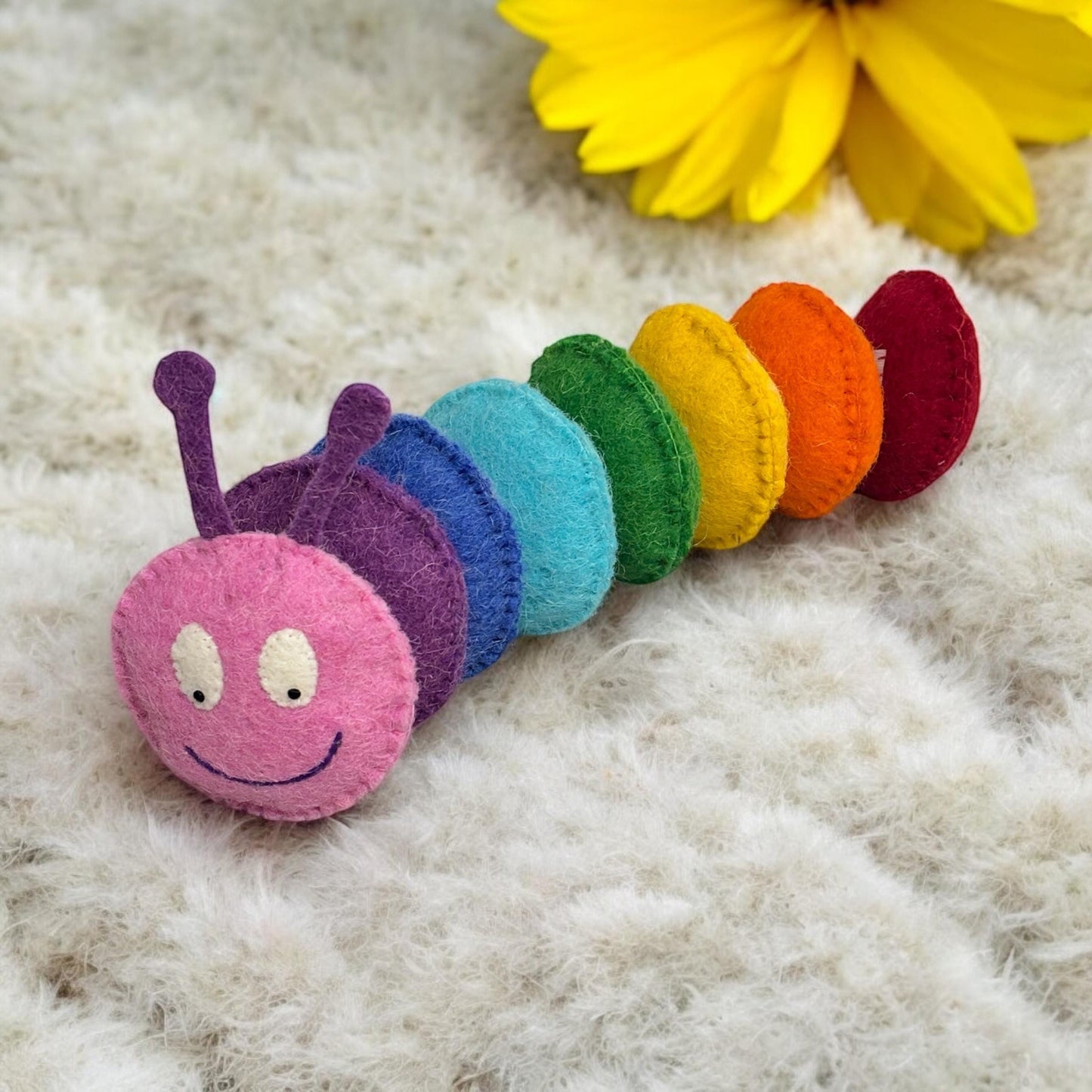 Handmade Wool Felt Caterpillar Toy: Rainbow Color Toddler Plushie