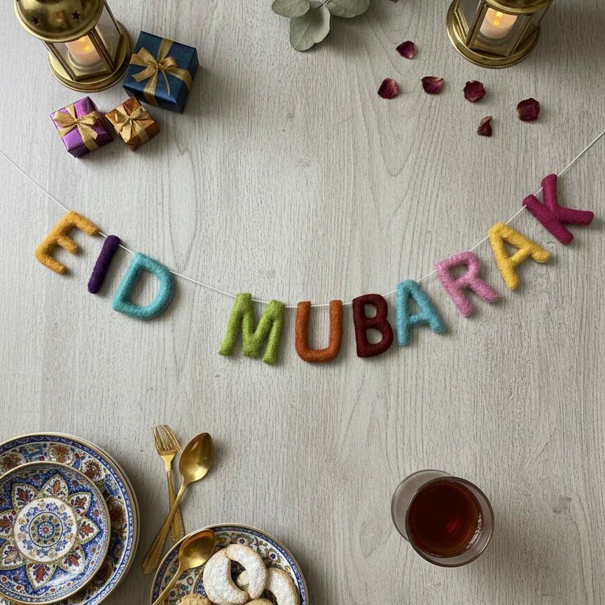 Eid Mubarak Garland | Wool Felt Handmade Islamic Home Decor | Eid Party Decoration | Thoughtful Gift for Family & Friends