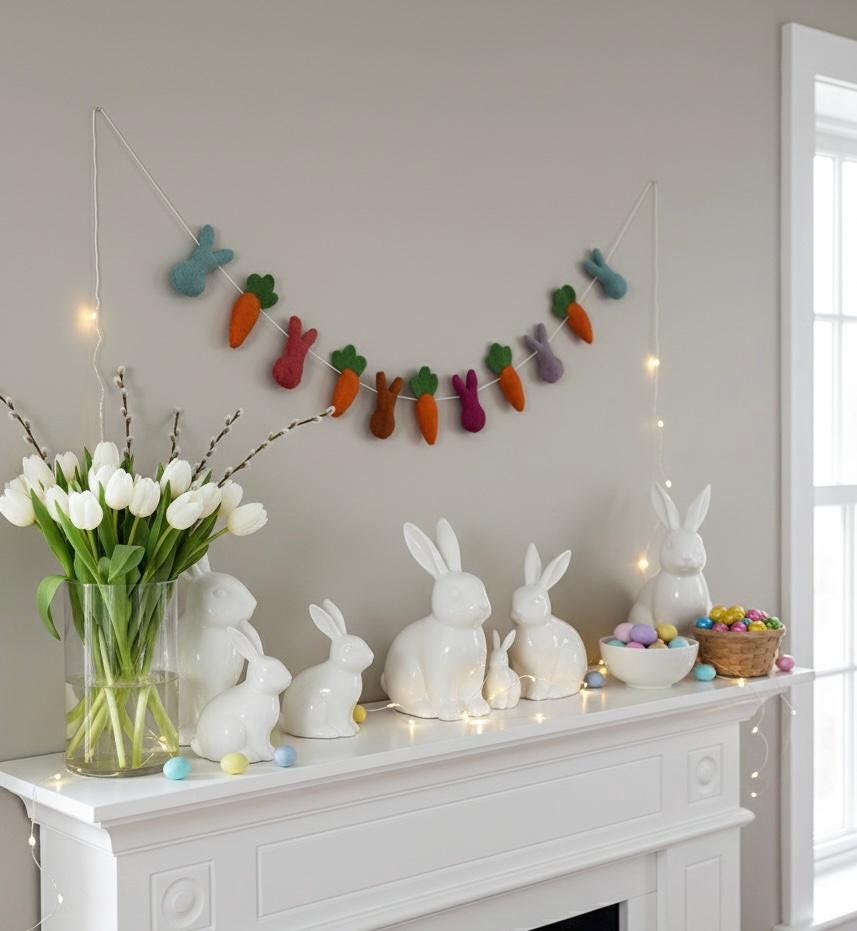 Decorative Easter mantel with white tulips, ceramic bunnies, and colorful eggs.