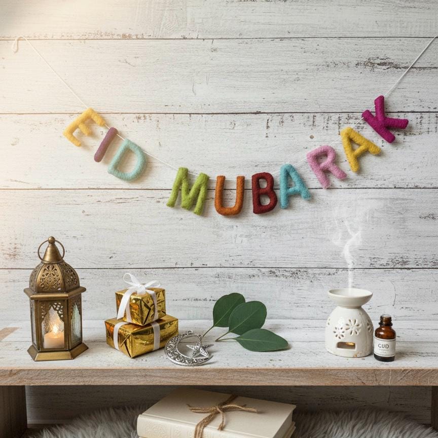 Eid Mubarak Garland | Wool Felt Handmade Islamic Home Decor | Eid Party Decoration | Thoughtful Gift for Family & Friends