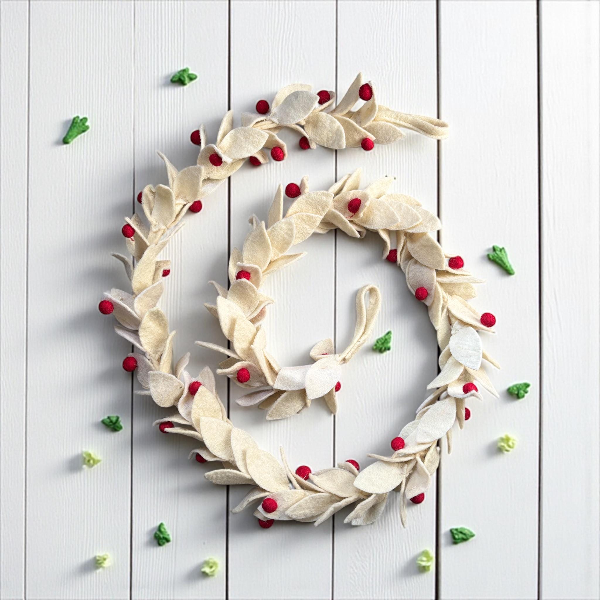 Wool Felt Christmas Garland, Cream Leaves, Red Berries, Handmade