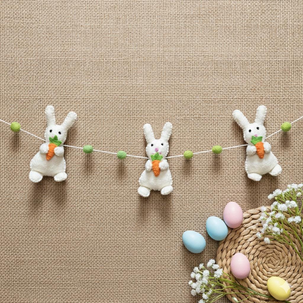 Wool Felt Easter Rabbit With Carrots Garland – Easter Decoration, Easter Bunting, Spring Wall Hanging, Easter Gift