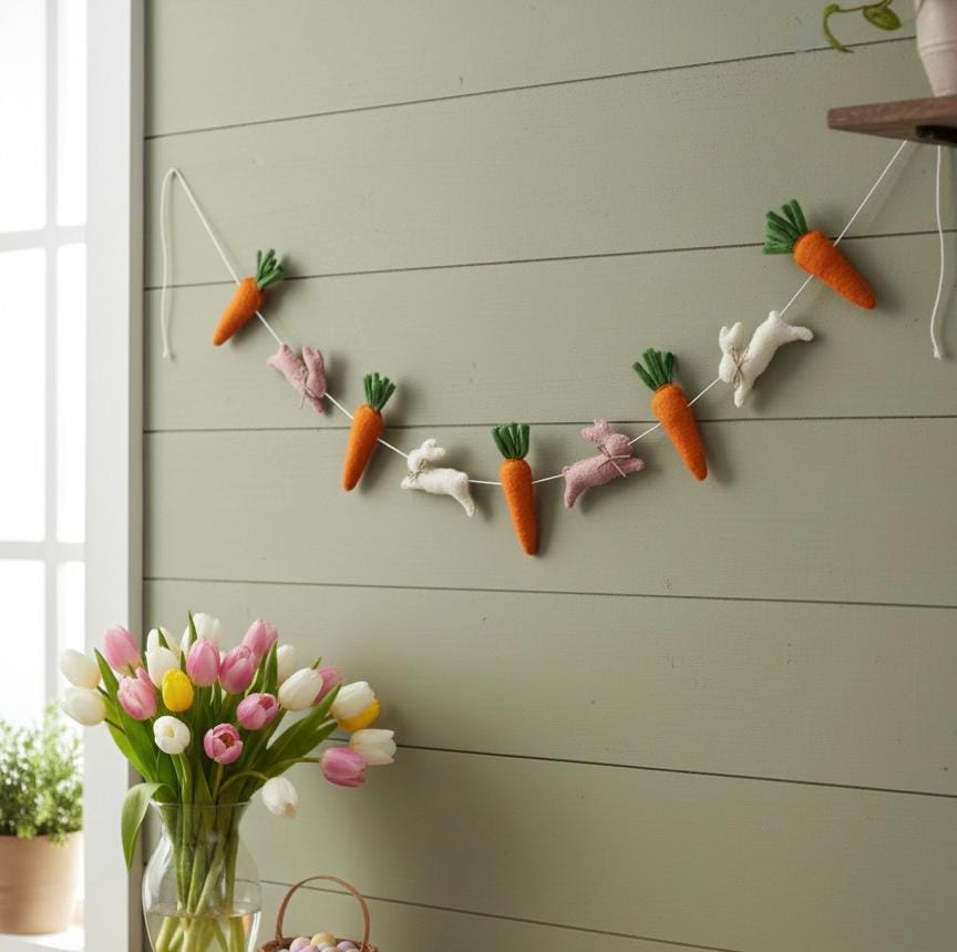 Wool Felt Easter Rabbit & Carrot Garland – Easter Decoration, Easter Bunting, Spring Wall Hanging, Easter Gift