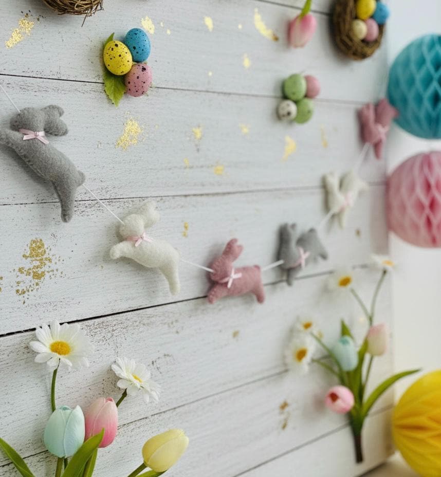 Wool Felt Bunny Garland – Handmade Easter Rabbit Decor – Spring Nursery Banner – Easter Home Decoration – Soft Felt Bunny Gift
