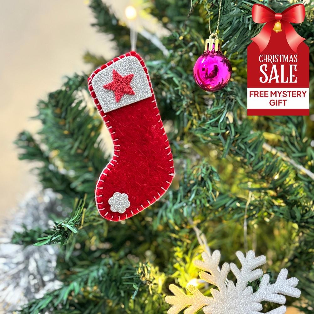 Handmade Felt Christmas Stocking Ornament: Red Holiday Decor