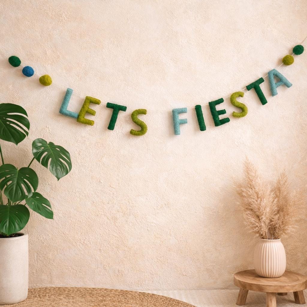 Let’s Fiesta Garland, Handmade Felt Party Banner, Fiesta Decor, Cinco de Mayo Decoration, Mexican Theme Party Sign, Taco Party Garland