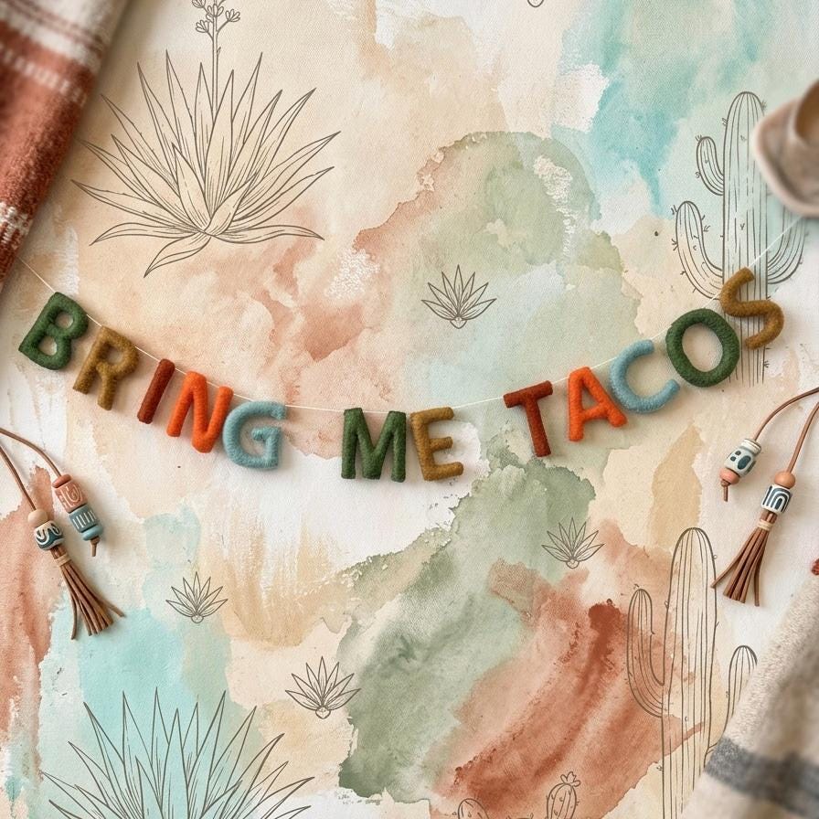 Bring Me Tacos Garland, Fiesta Party Banner, Handmade Felt Garland, Taco Party Decor, Cinco de Mayo Decorations, Mexican Theme Party Sign