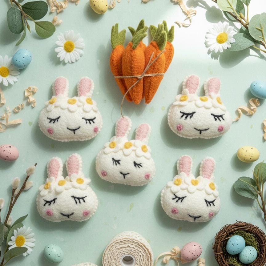 Handmade Wool Felt Easter Bunny Faces, Spring Decor, Set of 5