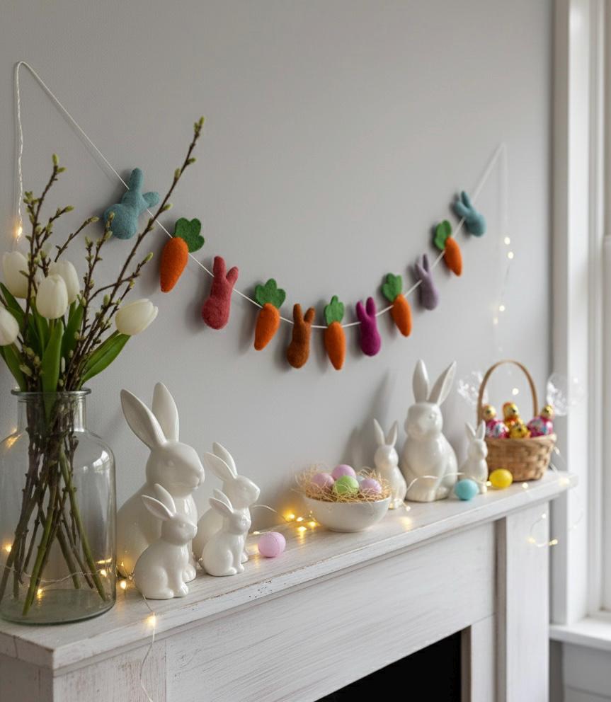 Easter-themed decor with bunny figurines, colorful eggs, and a felt carrot garland on a mantelpiece.