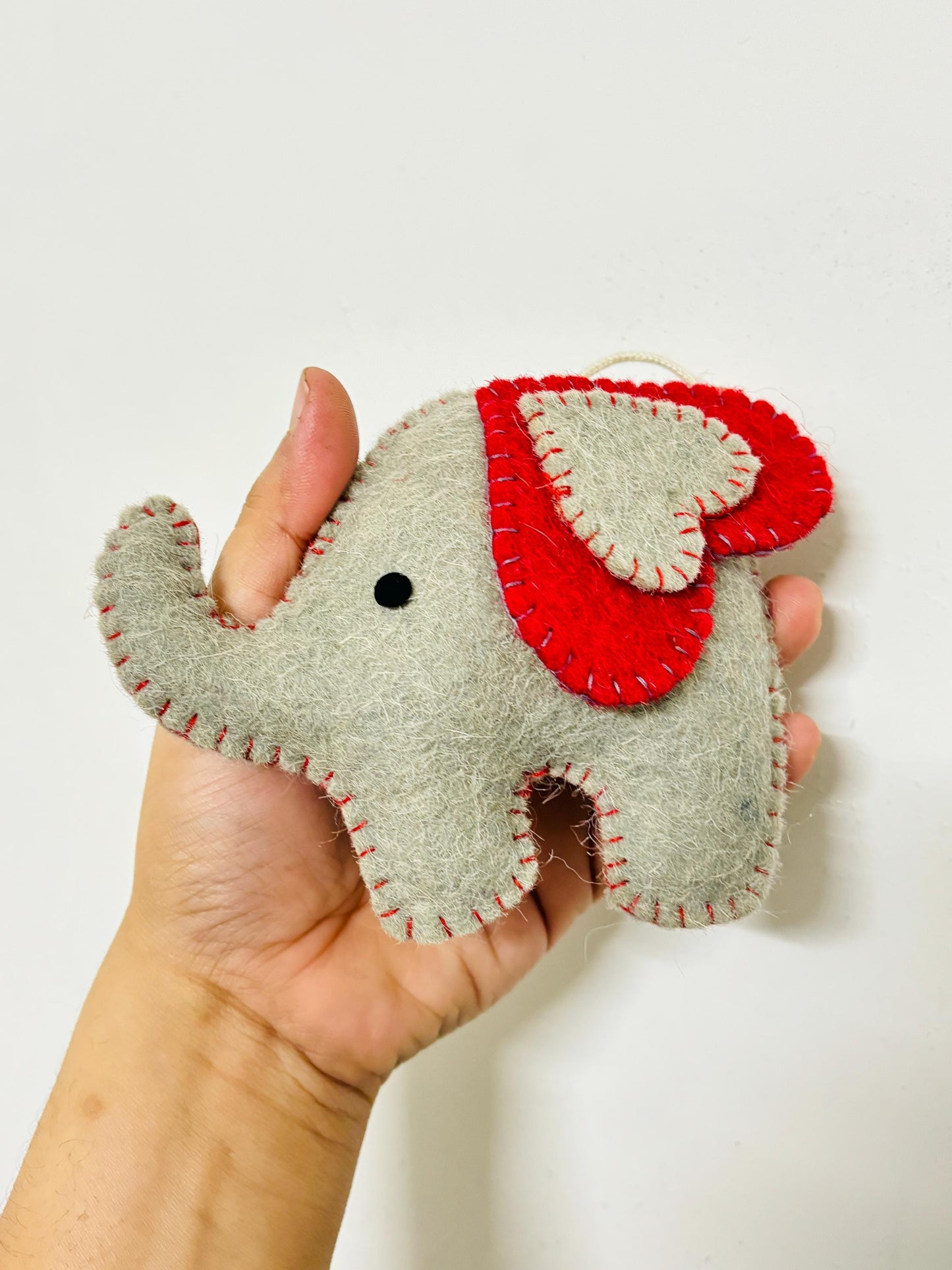 Handmade Wool Felt Elephant Christmas Ornament: Grey & Red Decor