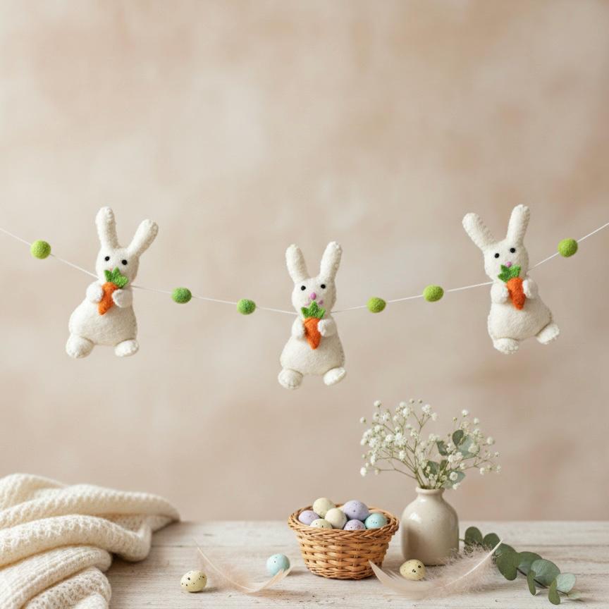 Wool Felt Easter Rabbit With Carrots Garland – Easter Decoration, Easter Bunting, Spring Wall Hanging, Easter Gift