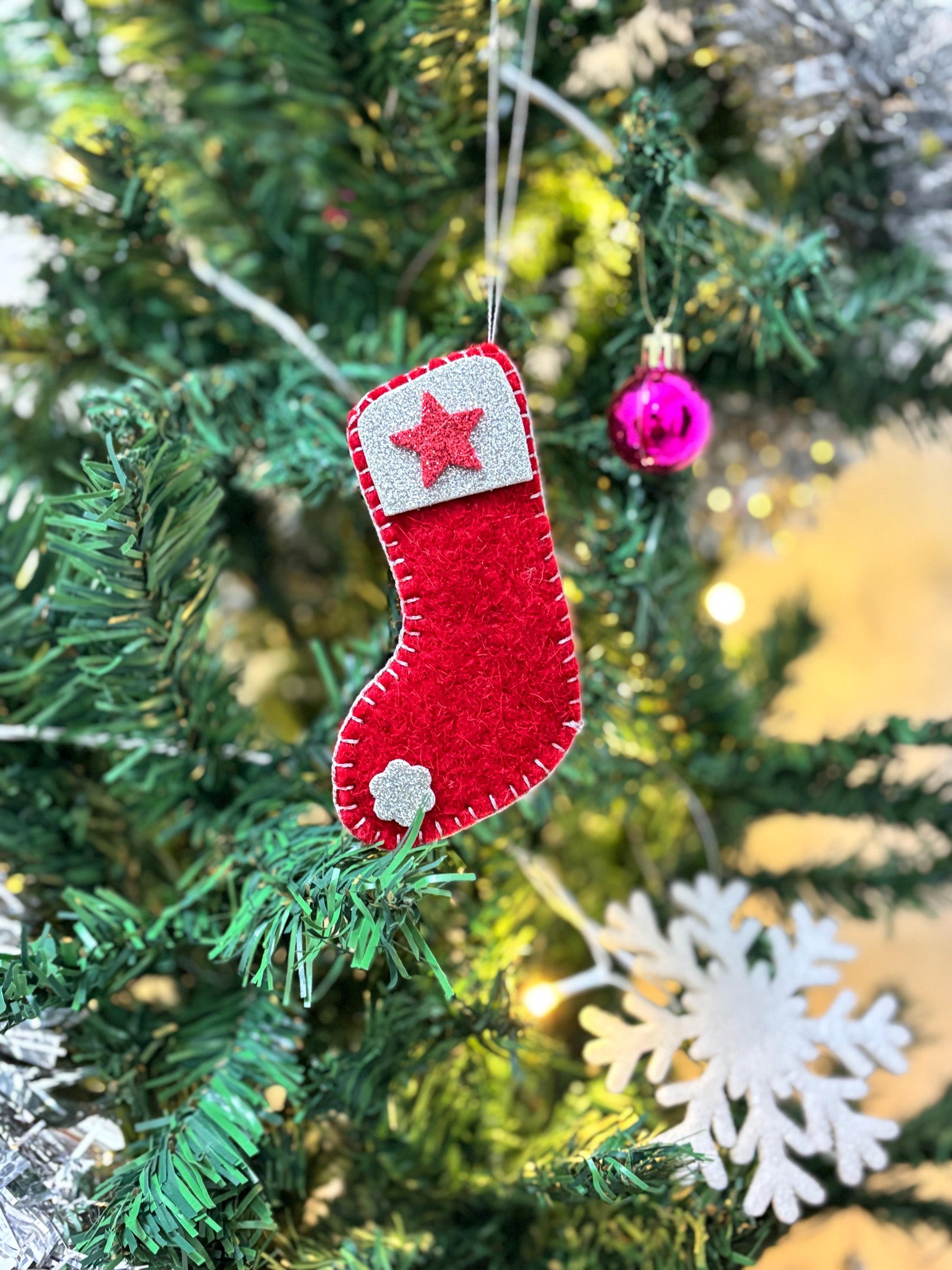 Handmade Felt Christmas Stocking Ornament: Red Holiday Decor