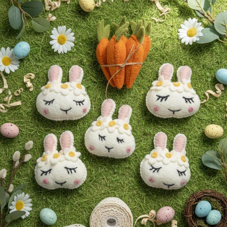 Handmade Wool Felt Easter Bunny Faces, Spring Decor, Set of 5