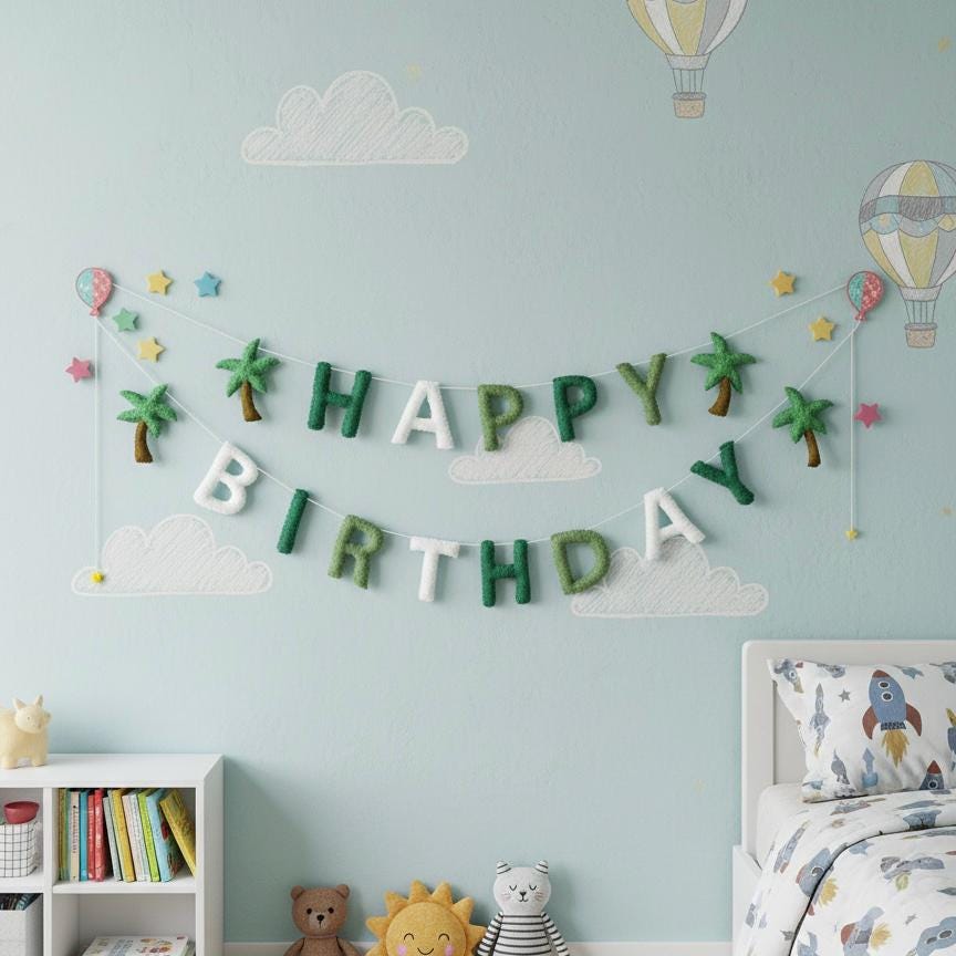 Happy Birthday Banner Garland, Handmade Felt Birthday Decor, First Birthday Banner, Kids Party Decoration, Nursery Wall Decor
