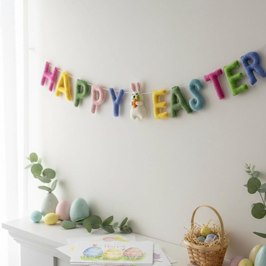 Wool Felt Happy Easter Garland – Handmade Spring Bunny Banner – Easter Door Decor, Mantle & Wall Hanging, Easter Gift