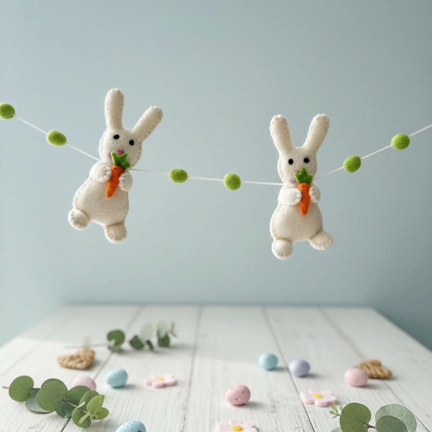 Wool Felt Easter Rabbit With Carrots Garland – Easter Decoration, Easter Bunting, Spring Wall Hanging, Easter Gift
